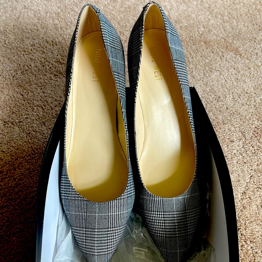 Brand new Nine West black and white plaid pump with block heel and pointed toe